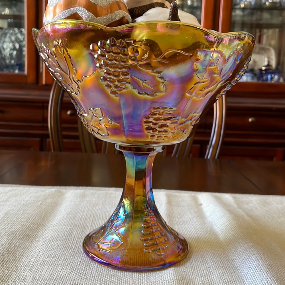 INDIANA CARNIVAL GLASS HARVEST MARIGOLD  IRIDESCENT GRAPE FOOTED COMPOTE BOWL